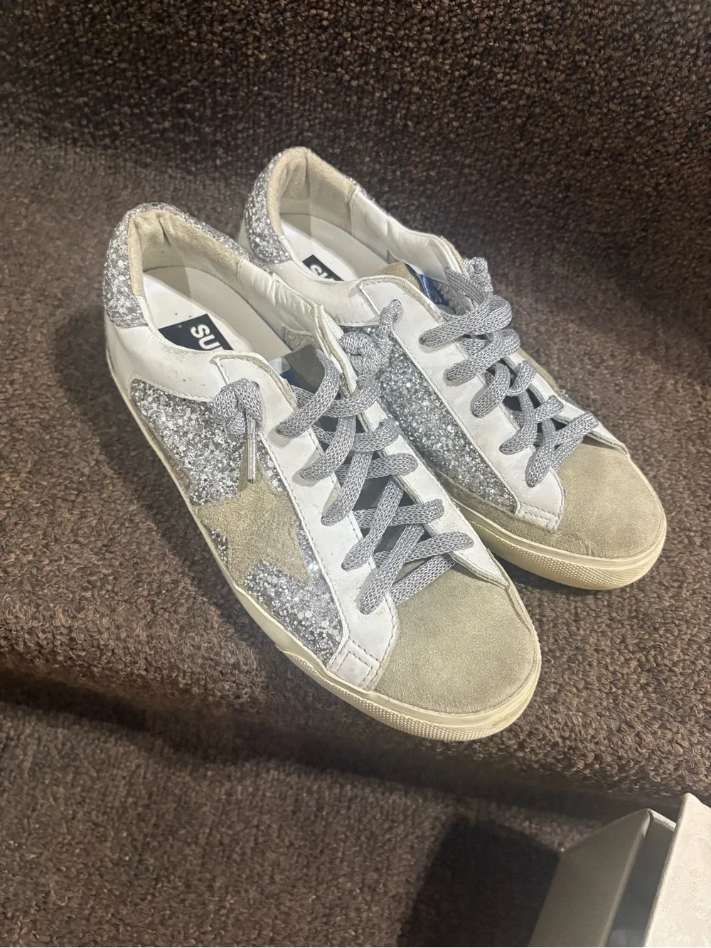 Golden Goose White Sneakers with Silver Glitter and Tan Star